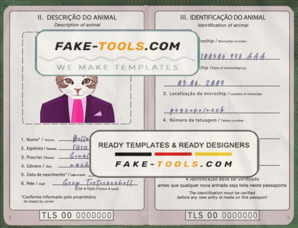 Timor-Leste cat (animal, pet) passport PSD template, fully editable scan effect