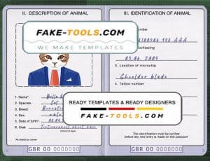 United Kingdom cat (animal, pet) passport PSD template, fully editable
