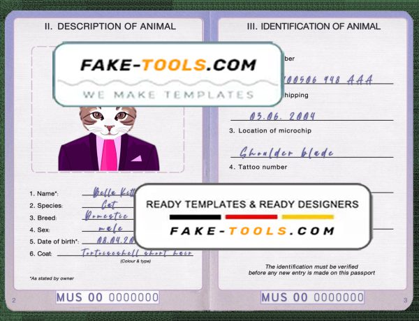 United States of America cat (animal, pet) passport PSD template, fully editable