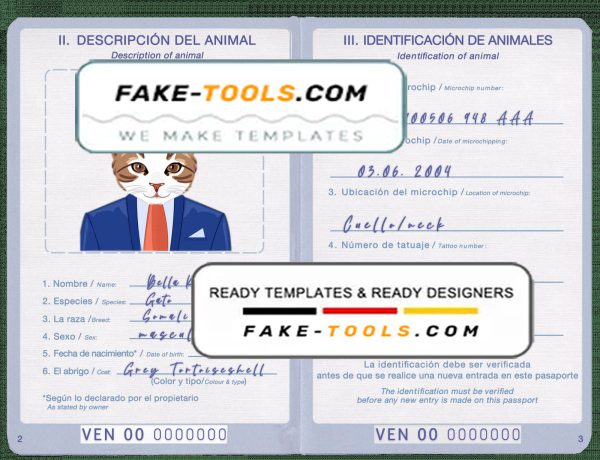 Venezuela cat (animal, pet) passport PSD template, fully editable