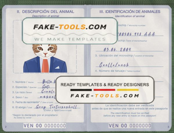Venezuela cat (animal, pet) passport PSD template, fully editable scan effect