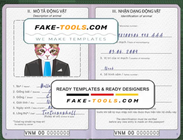 Vietnam cat (animal, pet) passport PSD template, fully editable