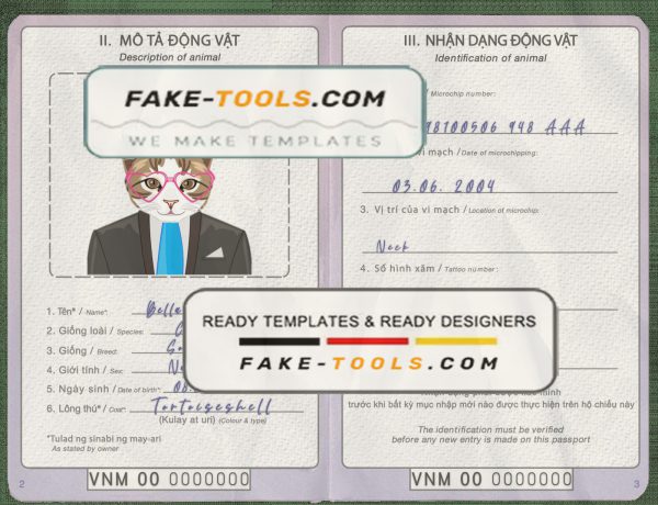 Vietnam cat (animal, pet) passport PSD template, fully editable scan effect