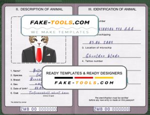 Zambia cat (animal, pet) passport PSD template, fully editable