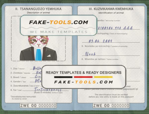 Zimbabwe cat (animal, pet) passport PSD template, completely editable scan effect
