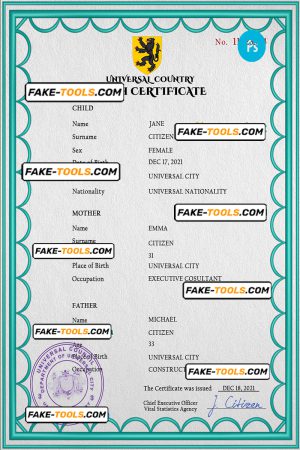 action universal birth certificate PSD template, fully editable