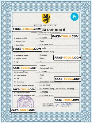 alpha awards universal birth certificate PSD template, completely editable