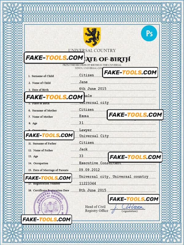alpha awards universal birth certificate PSD template, completely editable