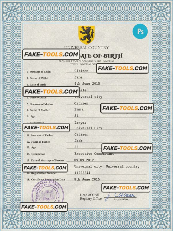 alpha awards universal birth certificate PSD template, completely editable