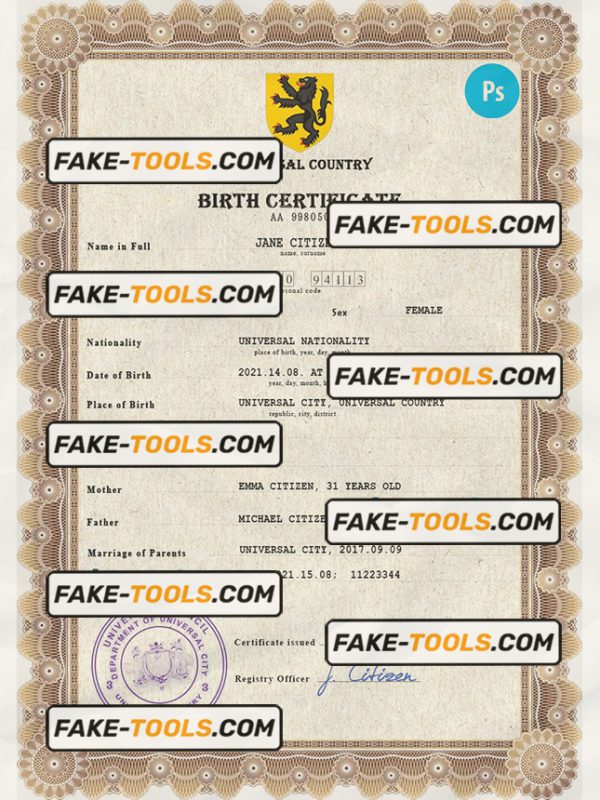 ammo universal birth certificate PSD template, completely editable