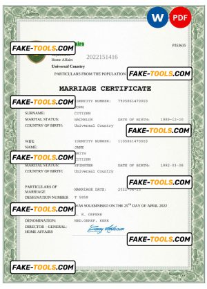amore universal marriage certificate Word and PDF template, completely editable