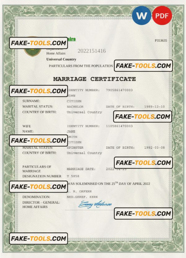 amore universal marriage certificate Word and PDF template, completely editable