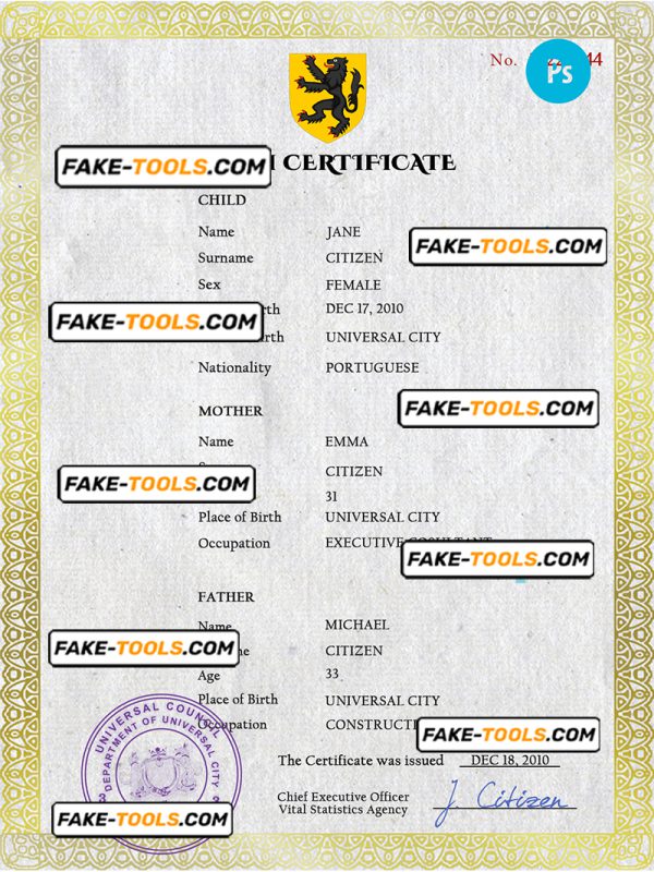 benefits universal birth certificate PSD template, fully editable