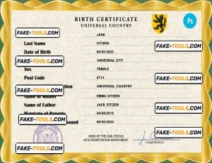 birthverse universal birth certificate PSD template, completely editable