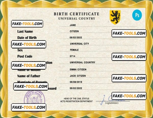 birthverse universal birth certificate PSD template, completely editable