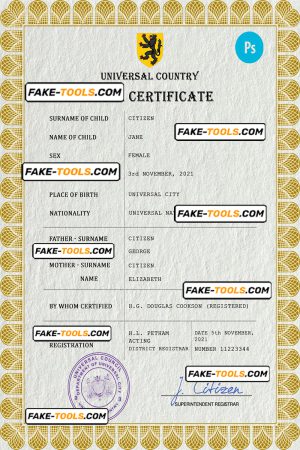 blackout universal birth certificate PSD template, completely editable
