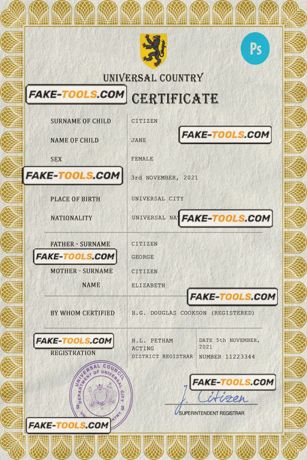 blackout universal birth certificate PSD template, completely editable