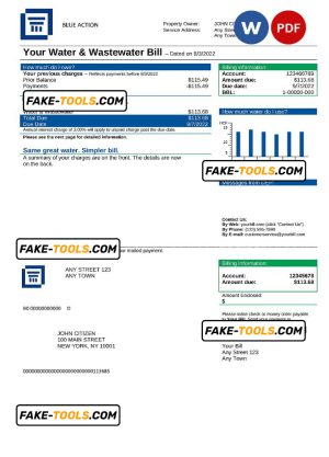 blue action universal multipurpose utility bill, Word and PDF template
