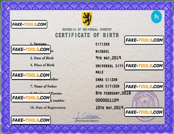 bold universal birth certificate PSD template, completely editable