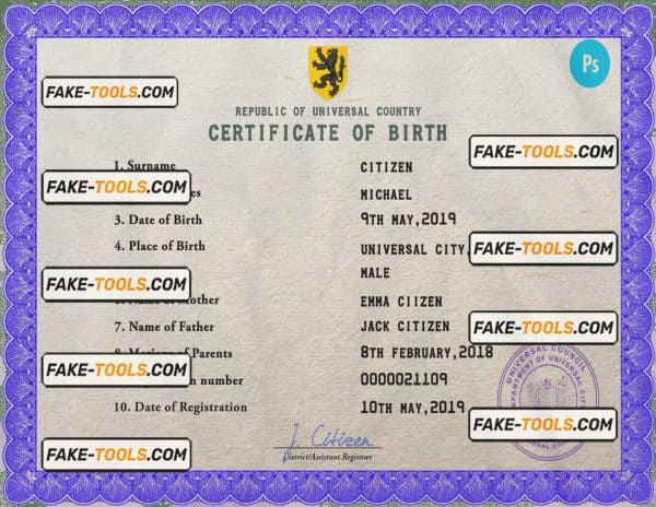 bold universal birth certificate PSD template, completely editable