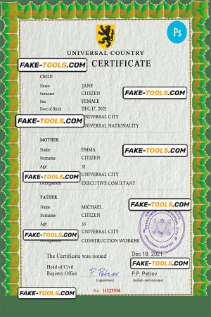 bold universal birth certificate PSD template, fully editable