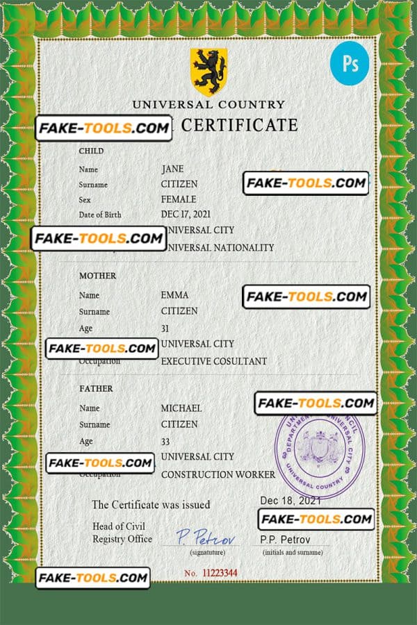 bold universal birth certificate PSD template, fully editable