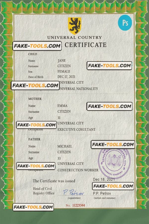bold universal birth certificate PSD template, fully editable