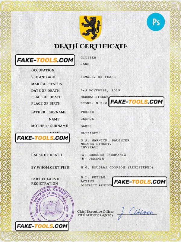 broadcast death universal certificate PSD template, completely editable