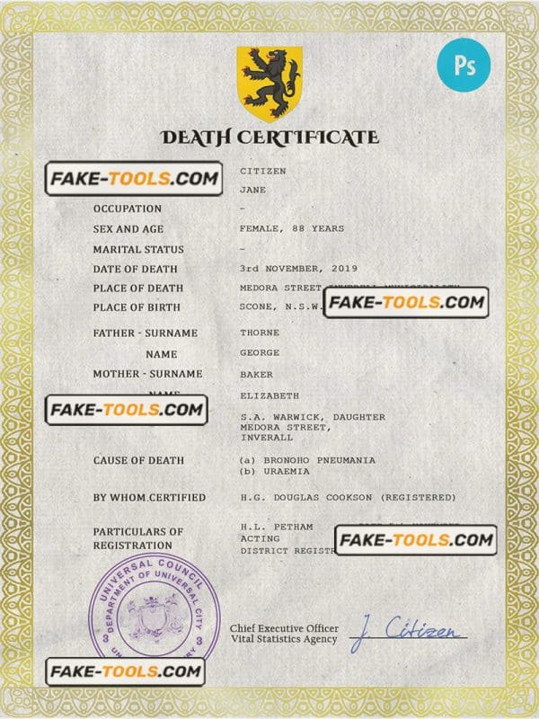 broadcast death universal certificate PSD template, completely editable