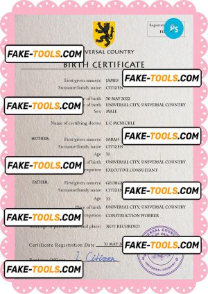 busk universal birth certificate PSD template, fully editable