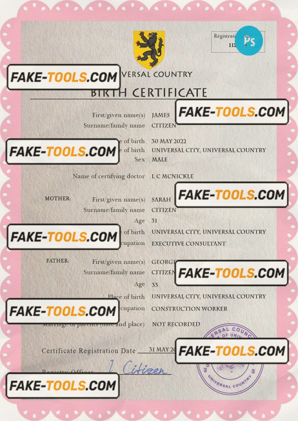 busk universal birth certificate PSD template, fully editable