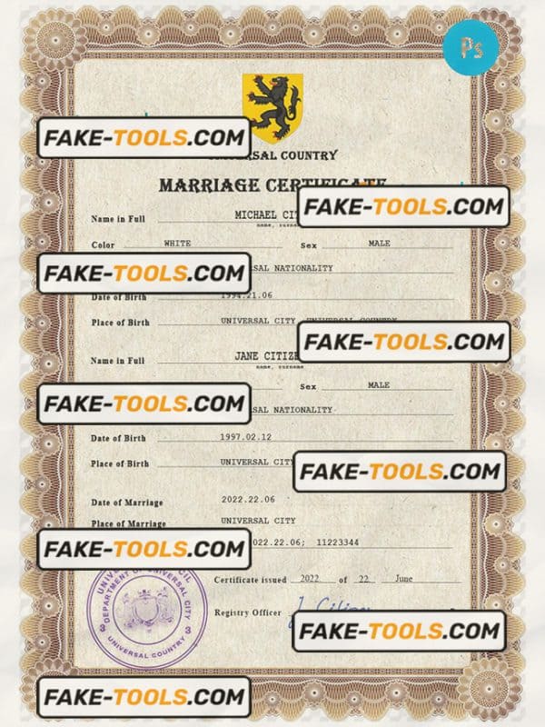 ceremony universal marriage certificate PSD template, completely editable
