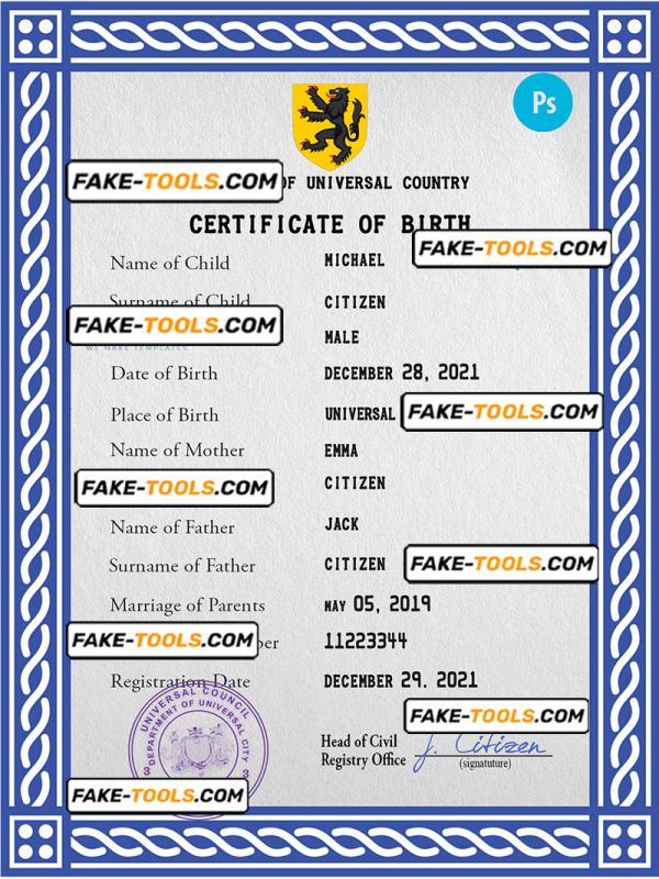 certificatetastic universal birth certificate PSD template, fully editable