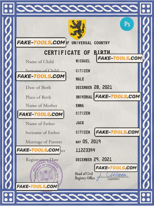 certificatetastic universal birth certificate PSD template, fully editable