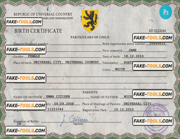champion vibe universal birth certificate PSD template, fully editable