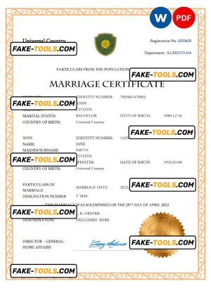 charm universal marriage certificate Word and PDF template, fully editable