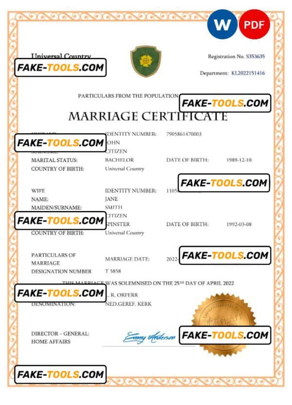 charm universal marriage certificate Word and PDF template, fully editable
