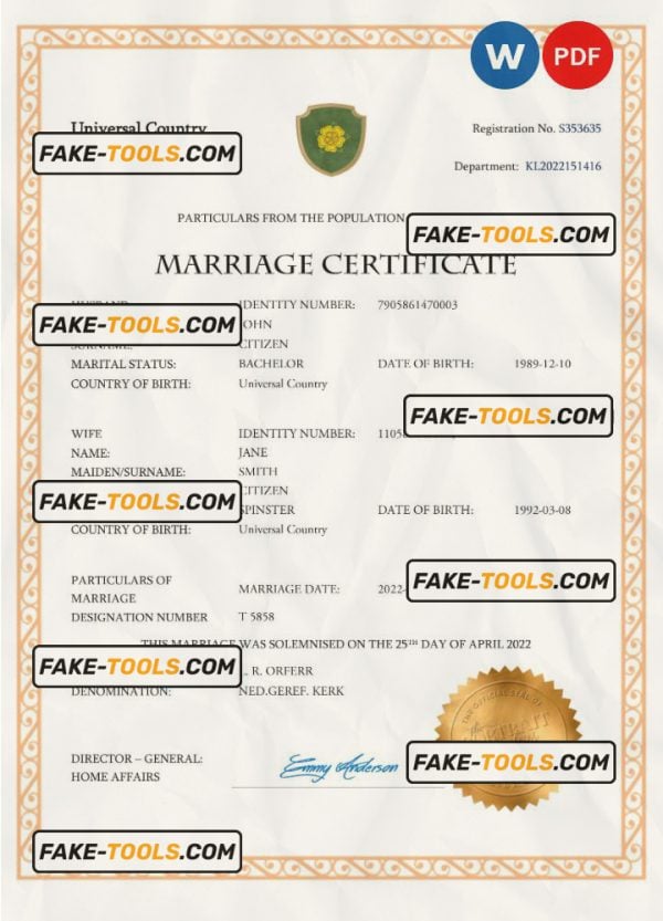 charm universal marriage certificate Word and PDF template, fully editable