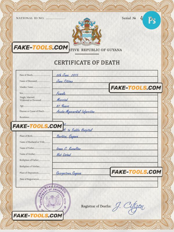 coat push death universal certificate PSD template, completely editable