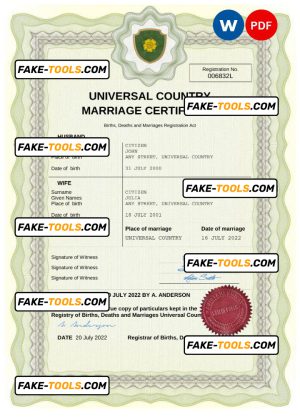 comfort universal marriage certificate Word and PDF template, completely editable