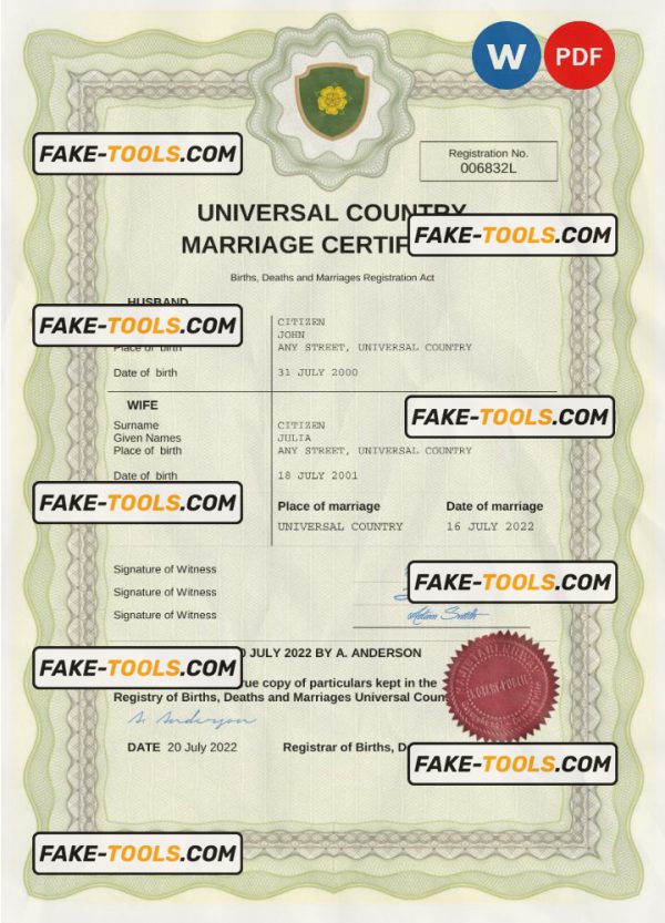 comfort universal marriage certificate Word and PDF template, completely editable