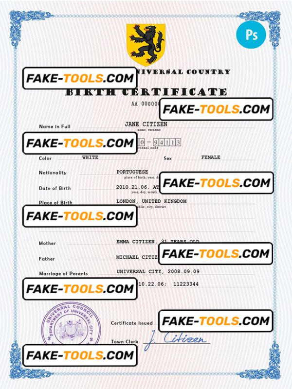 core tide universal birth certificate PSD template, fully editable