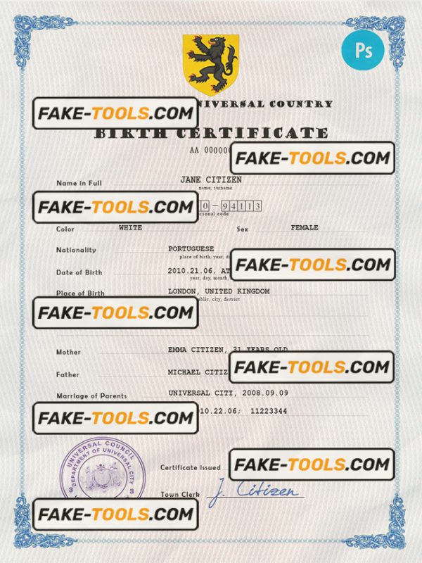 core tide universal birth certificate PSD template, fully editable