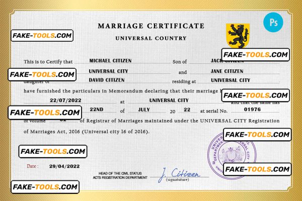 destiny universal marriage certificate PSD template, completely editable