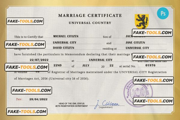 destiny universal marriage certificate PSD template, completely editable