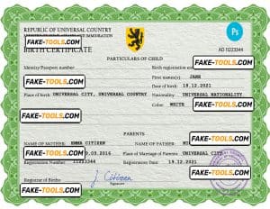 dime project universal birth certificate PSD template, completely editable