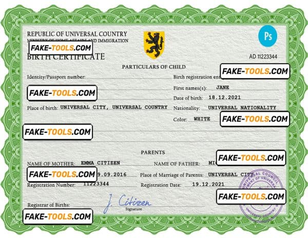 dime project universal birth certificate PSD template, completely editable