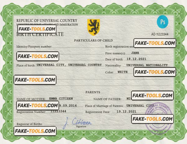 dime project universal birth certificate PSD template, completely editable