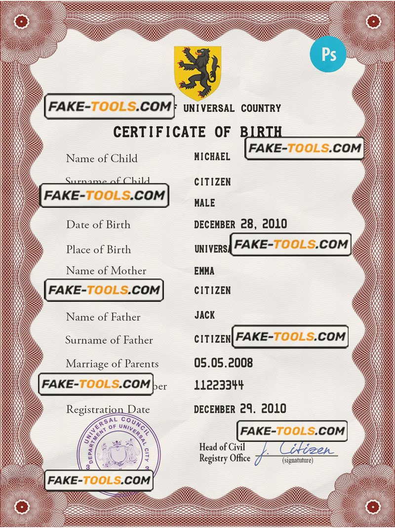 disclosure universal birth certificate PSD template, fully editable scan effect