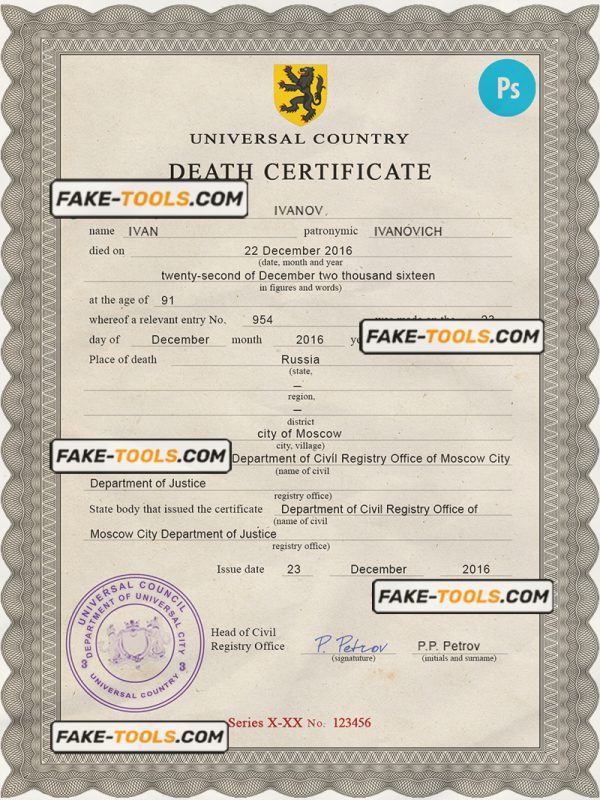 disclosure vital record death certificate universal PSD template